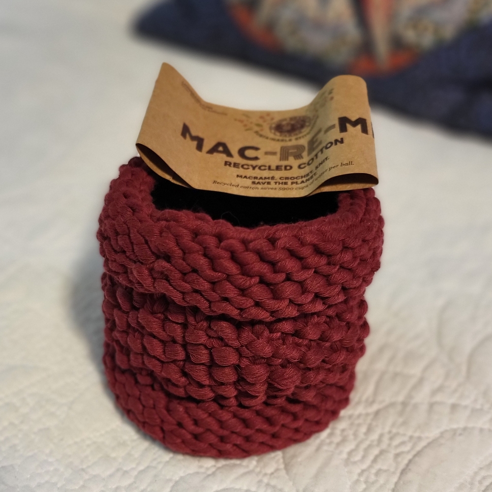Hand Crafted Knit Basket Deep Red Recycled Cotton 4.5 X 4.5 Inches